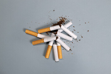 broken cigarettes with scattered tobacco, quit smoking concept