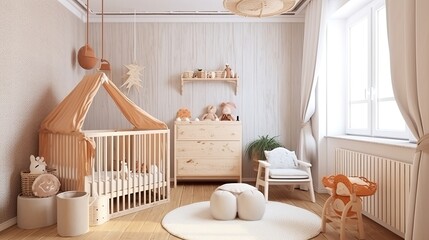 Fototapeta na wymiar Nursery room in Scandinavian style. This room is a unity of peace and harmony, together with a corner for children to play. Interior