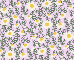 Aesthetic printable seamless pattern with retro cute daisies on pink background, vintage 70s style. Vector illustration.