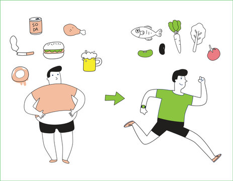 Health concept. bad habits. fatty, healthy food, fast food, exercise, hand drawn illustrations line icon, sketching, drawing, simple design. vector doodle design infographic elements.