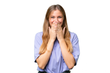 Young beautiful woman over isolated background happy and smiling covering mouth with hands
