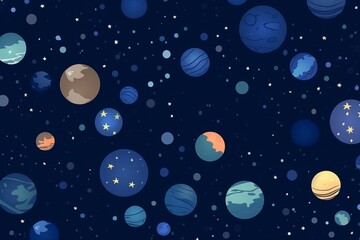 Obraz na płótnie Canvas simple seamless Beautiful and eye catchy colour planets and stars, simple field background, isometric, bright vector, Dark blue background, themed pattern, Generative AI