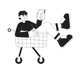 Online shopper choosing goods in shopping trolley monochromatic flat vector character. Editable thin line full body person on white. Simple bw cartoon spot image for web graphic design, animation