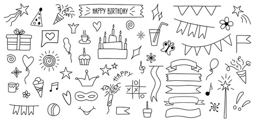 Set of celebrate cute illustration Doodle style Sketch of party decoration Black outline design elements Line hand drawn vector illustration isolated on white background.