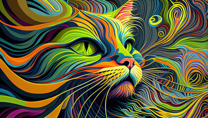Obraz premium Psychedelic cat illustration. Colorful background. Hippie texture. Generative AI.