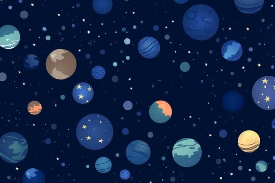 simple seamless Beautiful and eye catchy colour planets and stars, simple field background, isometric, bright vector, Dark blue background, themed pattern, Generative AI