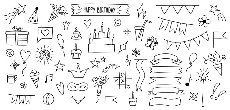 Set of celebrate cute illustration Doodle style Sketch of party decoration Black outline design elements Line hand drawn vector illustration isolated on white background.