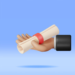 3D Diploma Paper Scroll in Hand. Render University Graduation Document with Ribbon. Certificate or Accreditation. Voucher or Invitation. Business Graduation and Education Concept. Vector Illustration