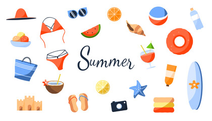Vector set of summer elements. Beach accessories. Cocktails, swimsuit, fruit, ice cream, glasses, sunscreen, shell, swimsuit, relaxation.
