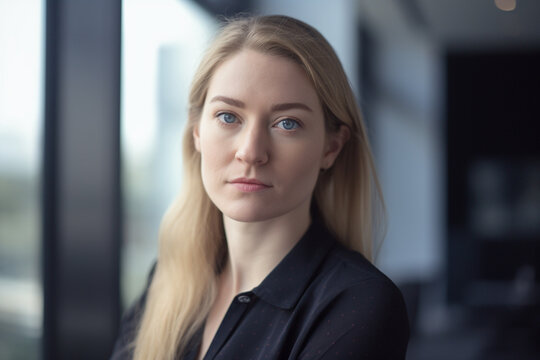 portrait of a businesswoman, blonde hair, blue eyes, office, ecommerce