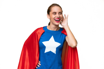 Super Hero caucasian woman over isolated background listening to something by putting hand on the ear