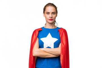 Young caucasian woman over isolated background in superhero costume with arms crossed