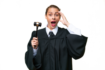 Judge caucasian woman over isolated background with surprise expression