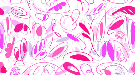 Seamless pink pattern with organic abstract elements. Hand drawn abstract colored doodles, curved strokes. Vector chaotic decorative texture. organic forms.