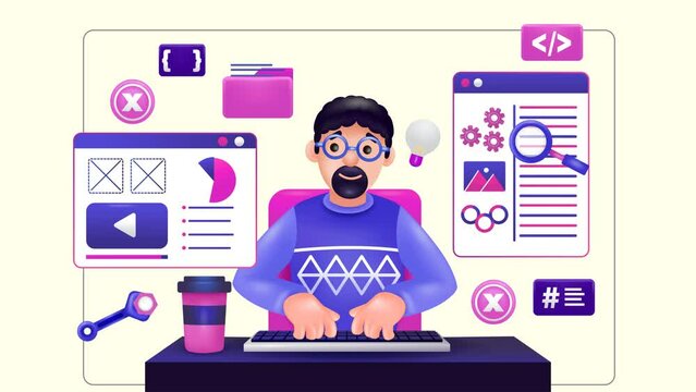 Web development work, programmer techniques and website coding on augmented reality interface screen. 3d vector animation with moving elements