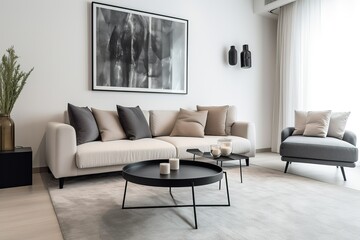 Beautiful interior with modern sofa and wall art frame, beautiful home interior design. Generative Ai