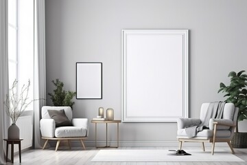 Beautiful interior wpace with small decorations and big pring on the wall. Generative Ai