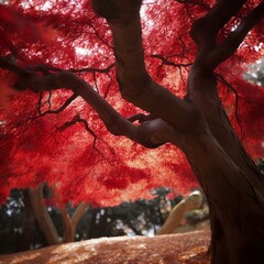red autumn leaves on big tree.