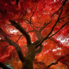 red autumn leaves on big tree.