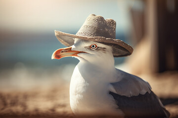 Portrait d'une mouette avec un chapeau de paille en vacances à la mer » IA générative