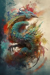 Obraz premium Beautiful fantasy dragons in mesmerize motion, colorful. Fantasy creature. Generative Ai