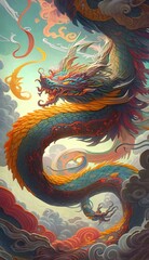 Fototapeta premium Beautiful fantasy dragons in mesmerize motion, colorful. Fantasy creature. Generative Ai