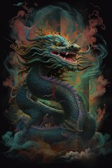 Fototapeta premium Beautiful fantasy dragons in mesmerize motion, colorful. Fantasy creature. Generative Ai