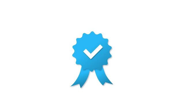 Blue mark check popups with ribbons on isolated background. Social media verification user approve tag concept 4K looped video