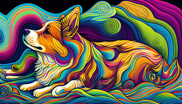 Psychedelic dog illustration. Colorful background. Hippie texture. Generative AI.