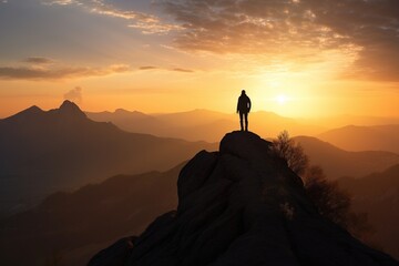 person standing on top of a mountain with a beautiful sunset