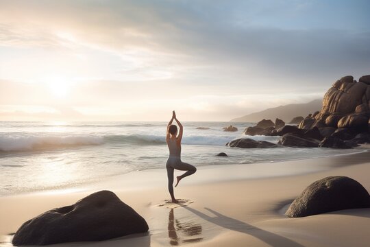 woman doing yoga on a beach with the ocean