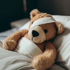 A brown teddy bear was bandaged up on the bed.