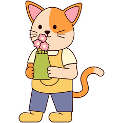 Cat Holding Flowers Illustration