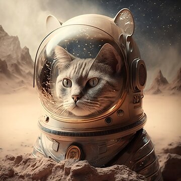 A cat wearing an astronaut helmet, surrealism. Generative AI.