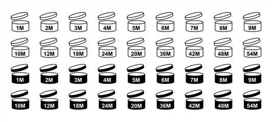 PAO icons. Period after opening symbols. Set packaging signs for cosmetic. Expiration period in months isolated on white. Round box with cap. Linear and black expiry labels. Vector icon 10 eps.