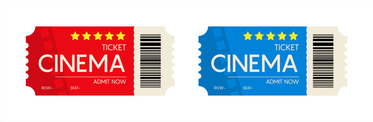 Cinema ticket isolated on white background. Realistic cinema or movie ticket template. Vector icons set.