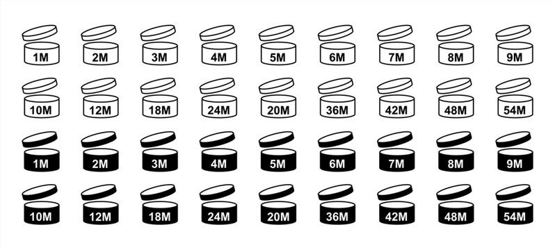 PAO icons. Period after opening symbols. Set packaging signs for cosmetic. Expiration period in months isolated on white. Round box with cap. Linear and black expiry labels. Vector icon 10 eps.