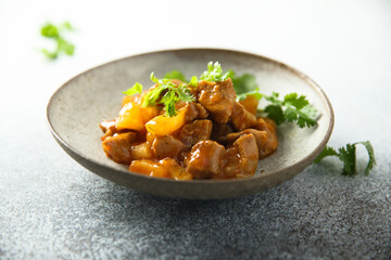 Homemade turkey ragout with pineapple