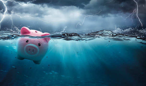 Piggy Bank At Risk To Drowning In Debt - Crisis Financial Banking Concept -  Contain 3d Rendering