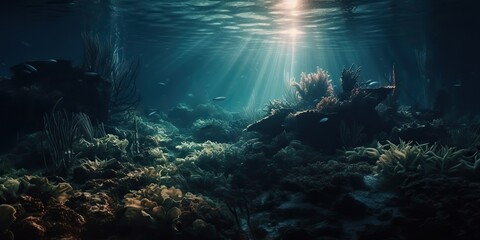 Fototapeta na wymiar AI Generated. AI Generative. Photo of under sea ocean world. Marine Nautical with darm mustic mood adventure vibe. Graphic Art Illustration.