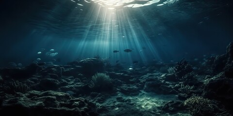 Fototapeta na wymiar AI Generated. AI Generative. Photo of under sea ocean world. Marine Nautical with darm mustic mood adventure vibe. Graphic Art Illustration.