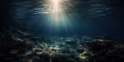 Obraz premium AI Generated. AI Generative. Photo of under sea ocean world. Marine Nautical with darm mustic mood adventure vibe. Graphic Art Illustration.