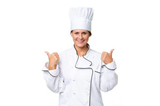 Middle-aged chef woman over isolated background with thumbs up gesture and smiling