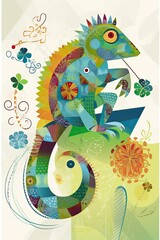  Chameleon made from squares, circles, alphabets, polka dots, lines, flowers, and patterns, modern rainforest in the background. generative ai