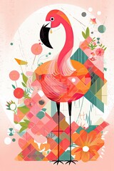  Flamingo made from squares, circles, alphabets, polka dots, lines, flowers, and patterns, traditional tropical in the background. generative ai