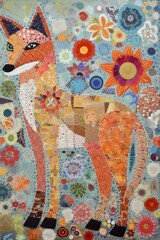  Fox made from squares, circles, alphabets, polka dots, lines, flowers, and patterns, traditional European in the background. generative ai