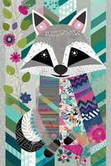  Raccoon made from squares, circles, alphabets, polka dots, lines, flowers, and patterns, traditional forest in the background. generative ai