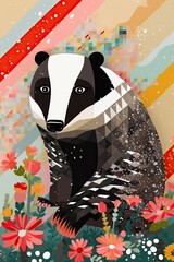 Badger made from squares, circles, alphabets, polka dots, lines, flowers, and patterns, modern European in the background. generative ai