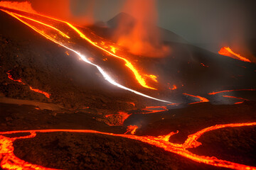 Volcanic eruption and flowing lava, Generative Ai.