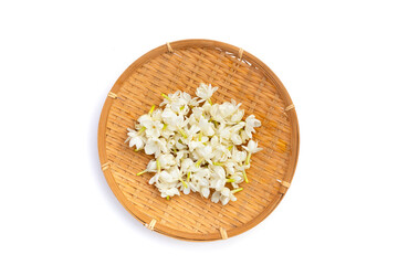 Thai jasmine flower on bamboo weave plate